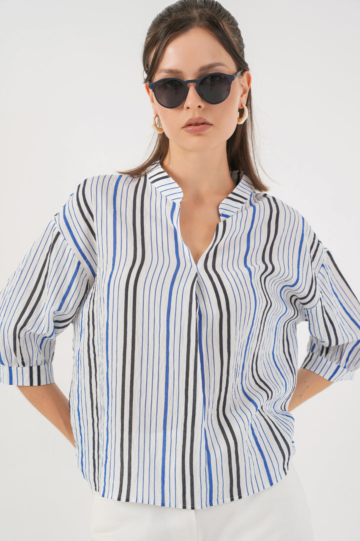 BGD Women Women's Striped Oversized Blouse 967 - Navy Blue - Lufkin
