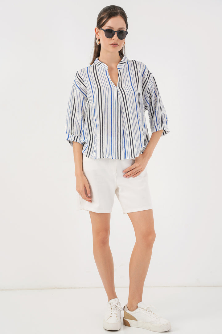 BGD Women Women's Striped Oversized Blouse 967 - Navy Blue - Lufkin