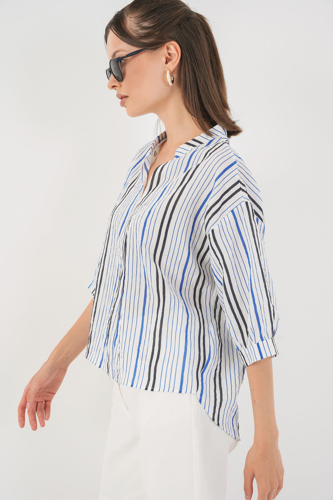 BGD Women Women's Striped Oversized Blouse 967 - Navy Blue - Lufkin