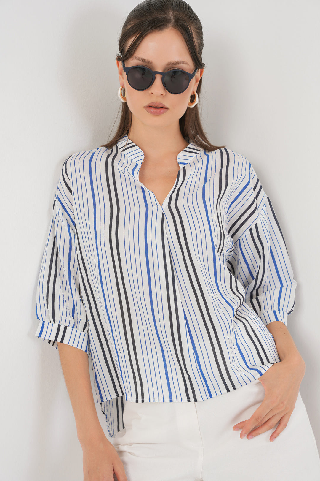 BGD Women Women's Striped Oversized Blouse 967 - Navy Blue - Lufkin