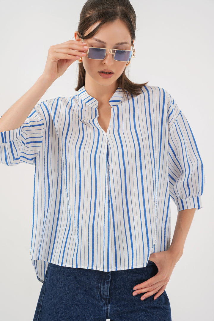 BGD Women Women's Striped Oversized Blouse 967 - Blue - Ermezinde