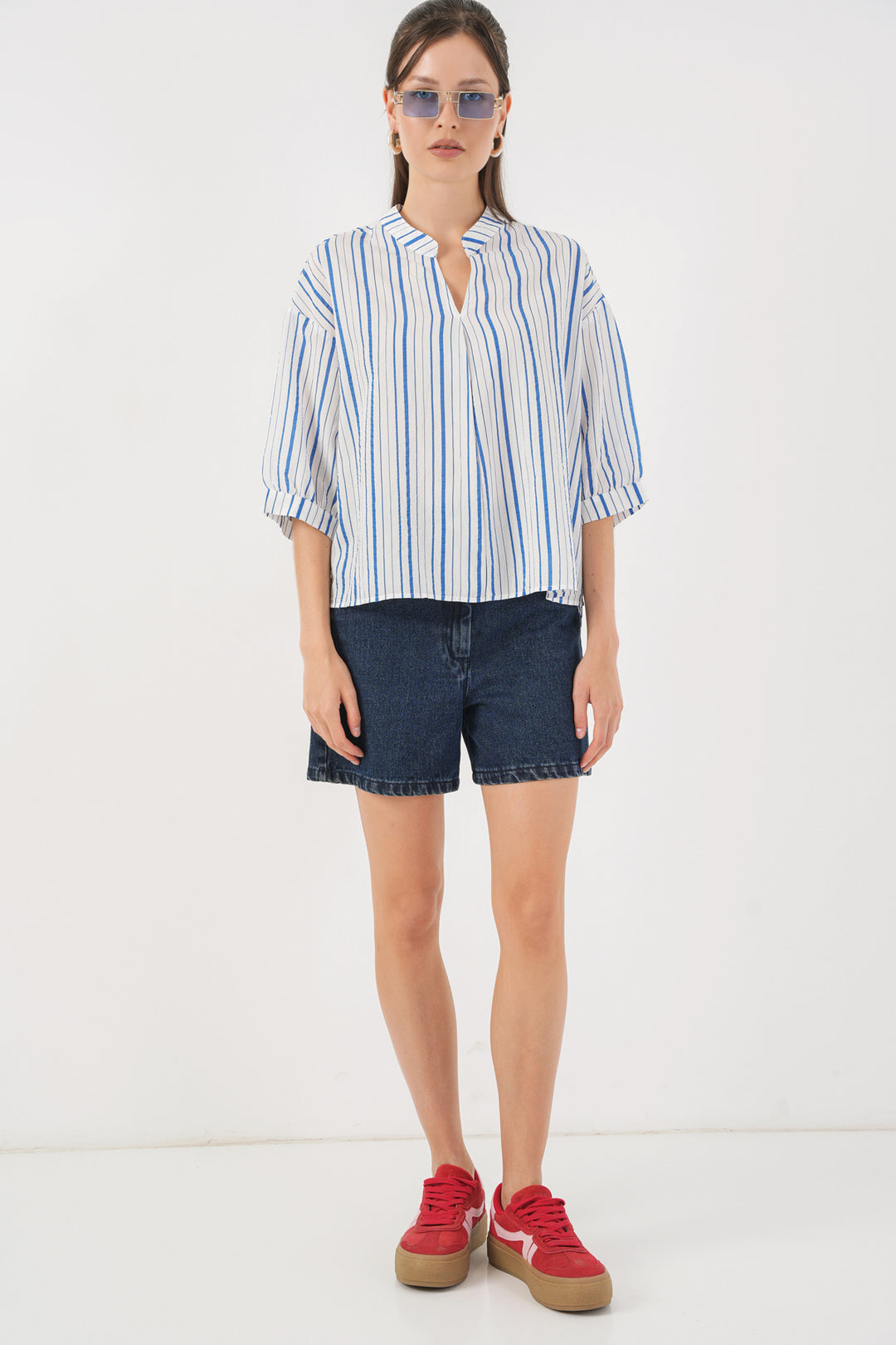 BGD Women Women's Striped Oversized Blouse 967 - Blue - Ermezinde