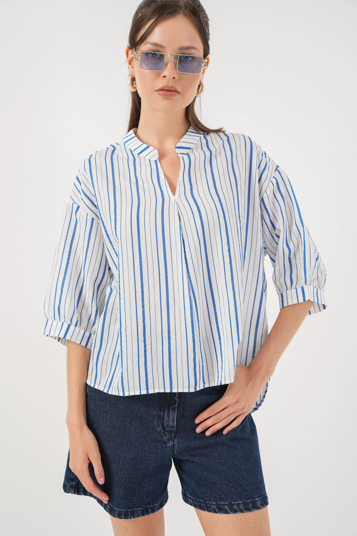 BGD Women Women's Striped Oversized Blouse 967 - Blue - Ermezinde