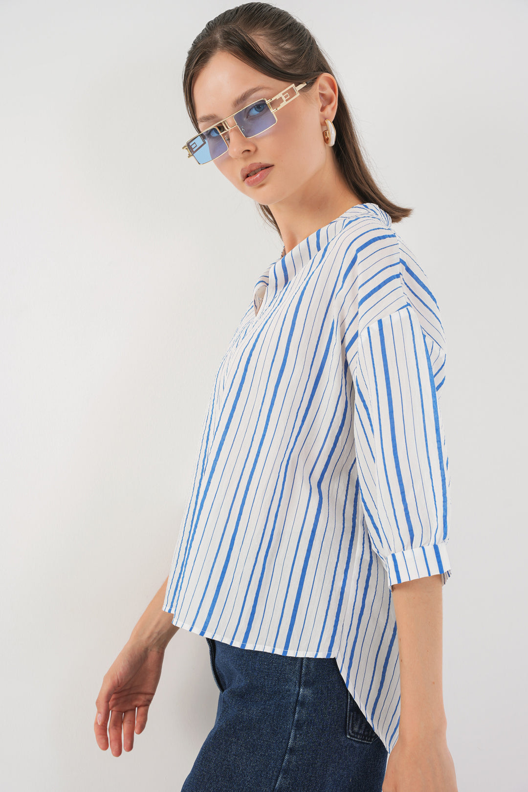 BGD Women Woman Striped Oversized Blouse 967 - Blue - Rosemead