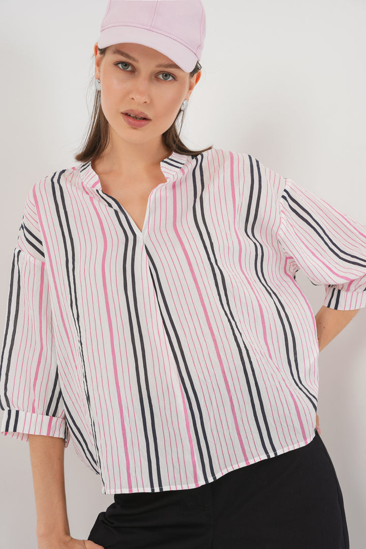 BGD Women Woman Striped Oversized Blouse 967 - Pink - Chicoutimi