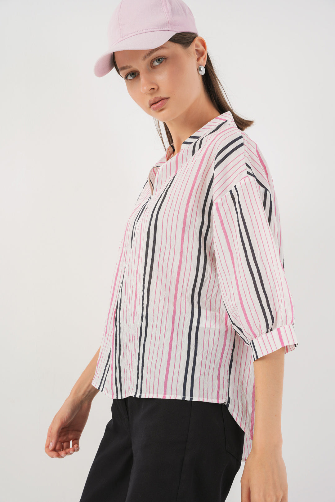BGD Women Woman Striped Oversized Blouse 967 - Pink - Chicoutimi