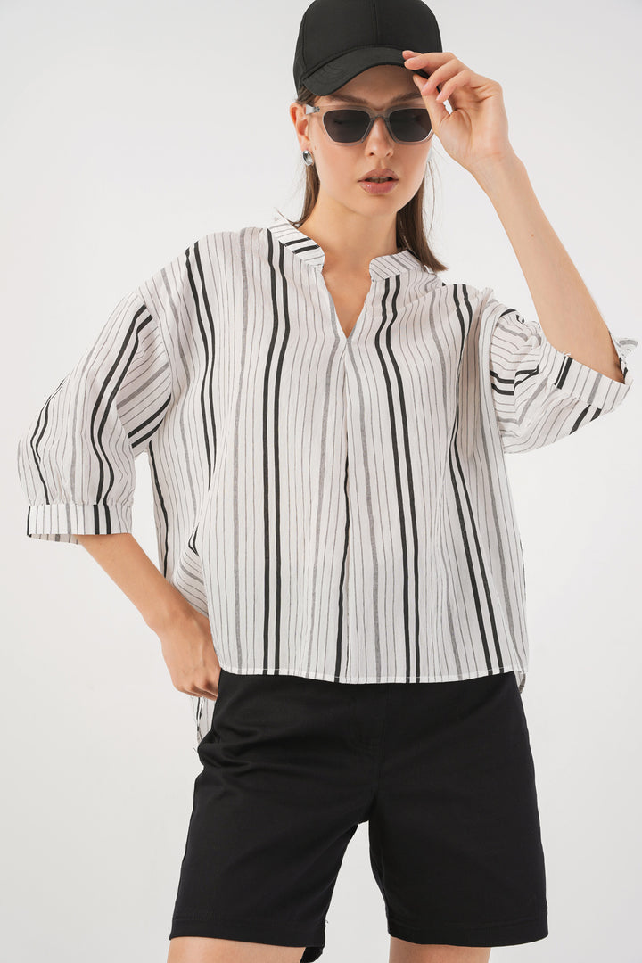 BGD Women Woman Striped Oversized Blouse 967 - Stone - Temascalcingo