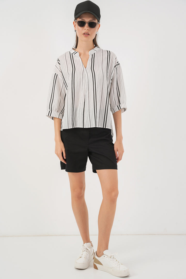 BGD Women Woman Striped Oversized Blouse 967 - Stone - Temascalcingo
