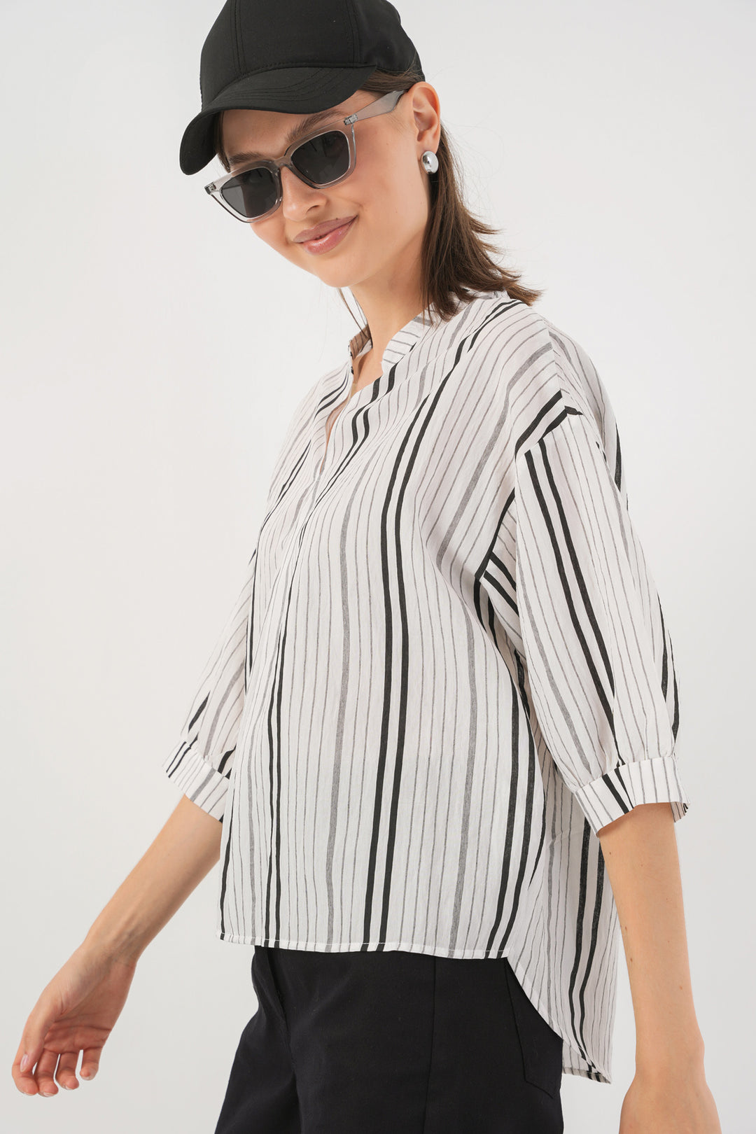 BGD Women Woman Striped Oversized Blouse 967 - Stone - Temascalcingo