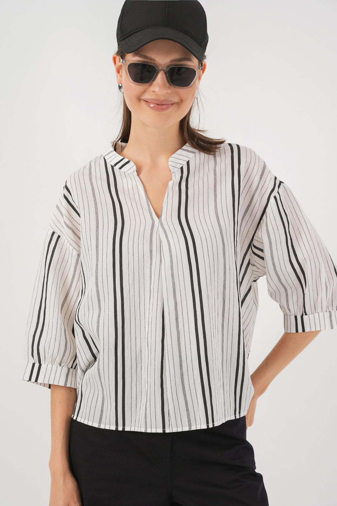 BGD Women Woman Striped Oversized Blouse 967 - Stone - Temascalcingo