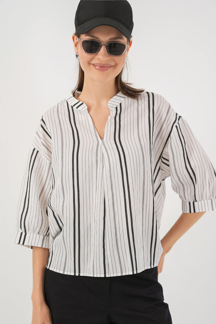 BGD Women Woman Striped Oversized Blouse 967 - Stone - Temascalcingo