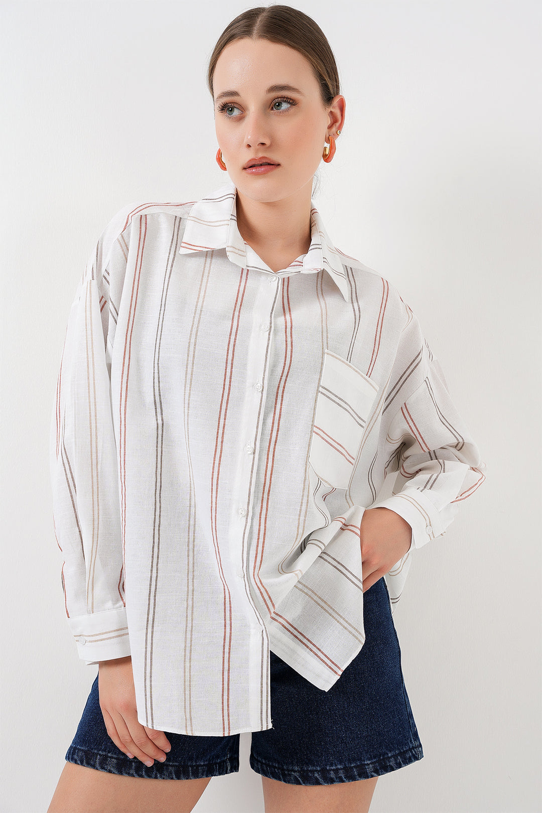 BGD Women Women's Striped Oversized Shirt 20278 - Off-White - Newnan