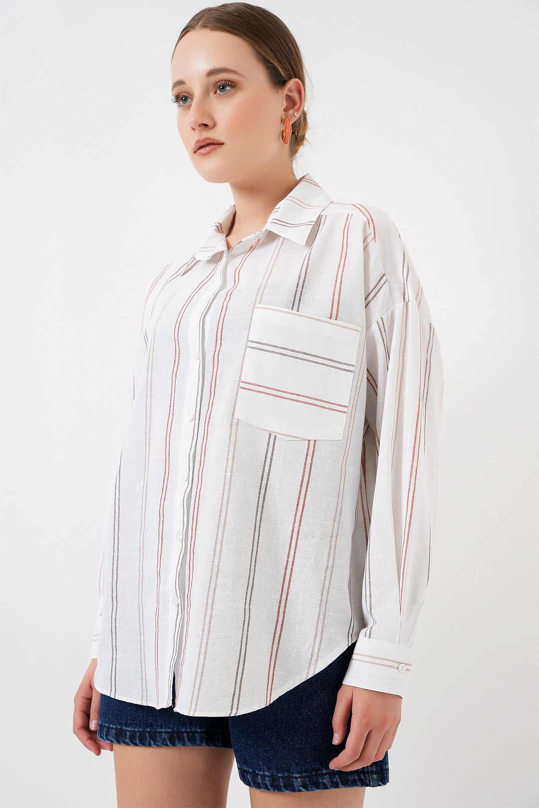 BGD Women Women's Striped Oversized Shirt 20278 - Off-White - Newnan