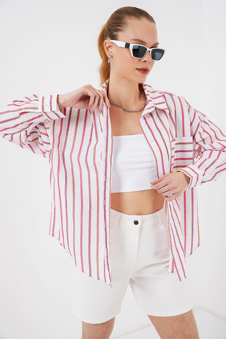 BGD Women Women's Striped Oversized Shirt 20278 - Red - Licata