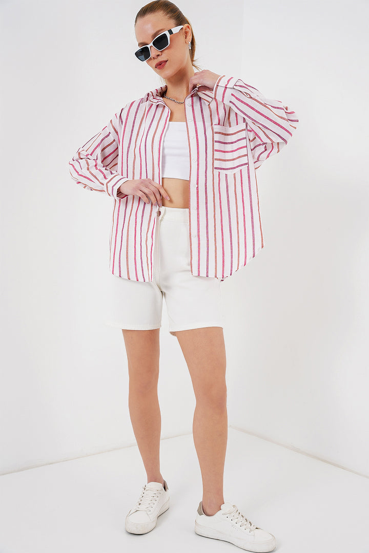 BGD Women Women's Striped Oversized Shirt 20278 - Red - Licata