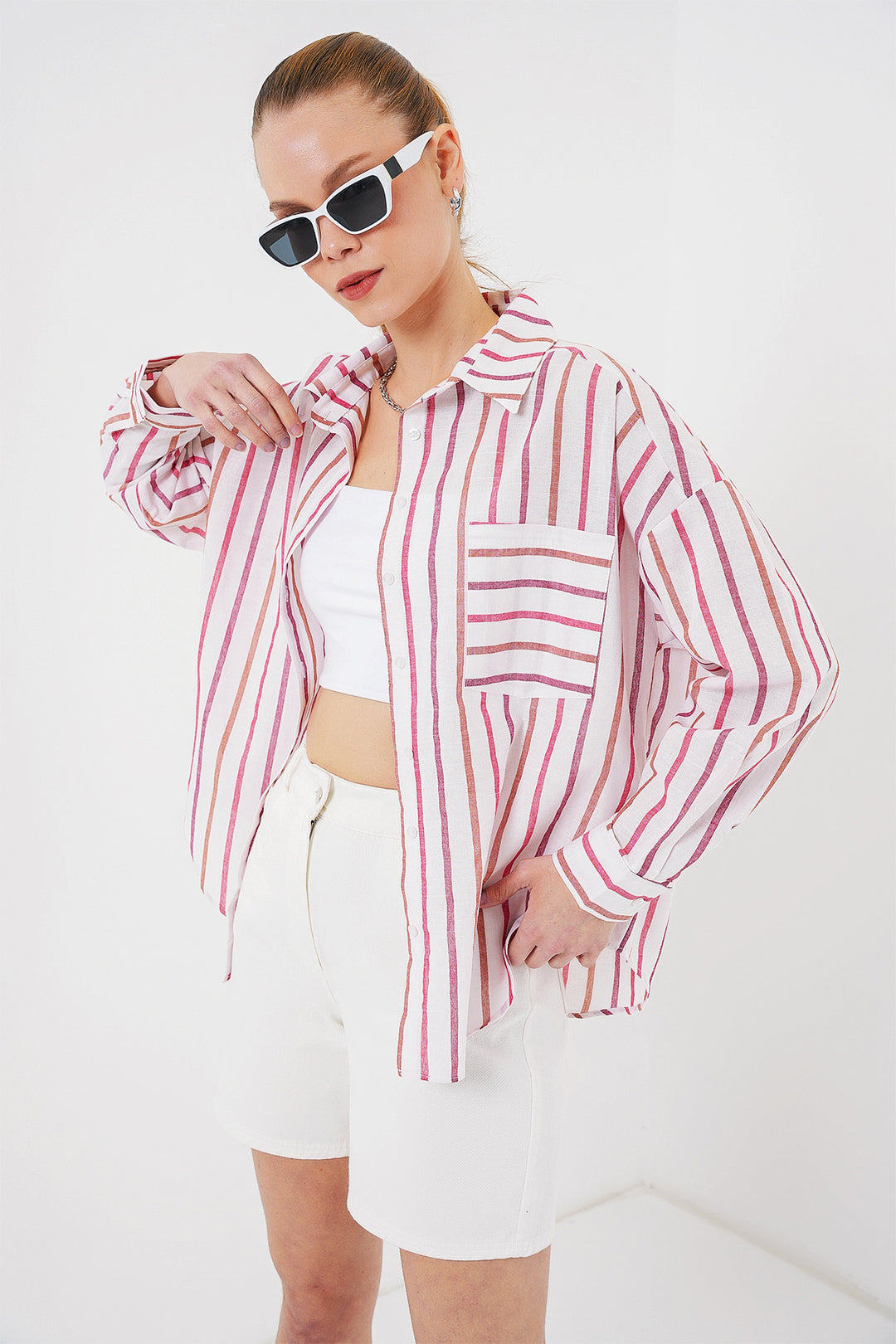 BGD Women Women's Striped Oversized Shirt 20278 - Red - Licata