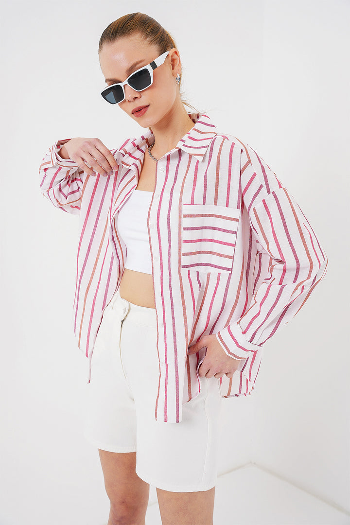 BGD Women Women's Striped Oversized Shirt 20278 - Red - Licata