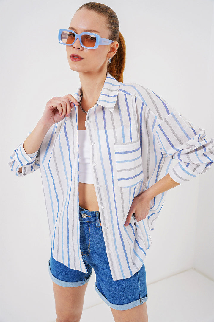 BGD Women Women's Striped Oversized Shirt 20278 - Blue - East Providence