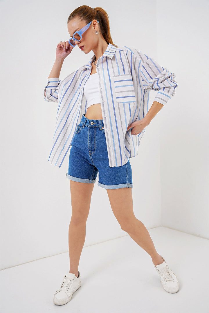 BGD Women Women's Striped Oversized Shirt 20278 - Blue - East Providence