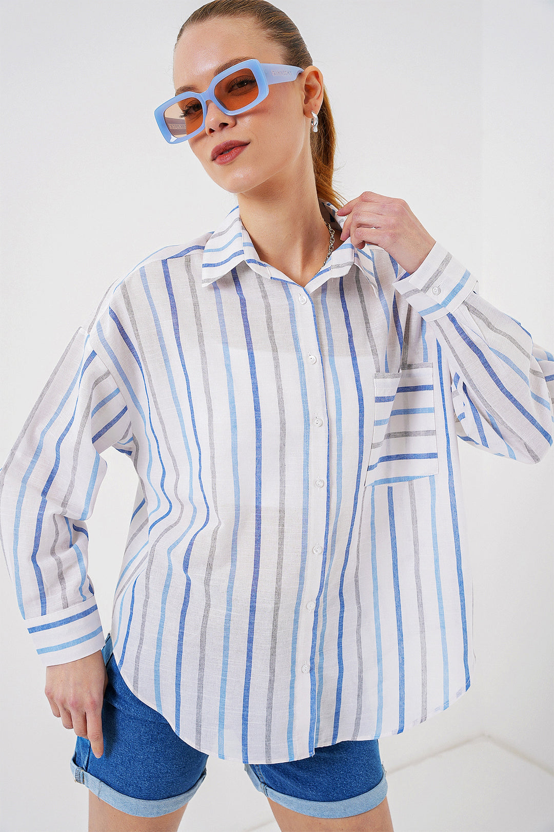 BGD Women Women's Striped Oversized Shirt 20278 - Blue - East Providence