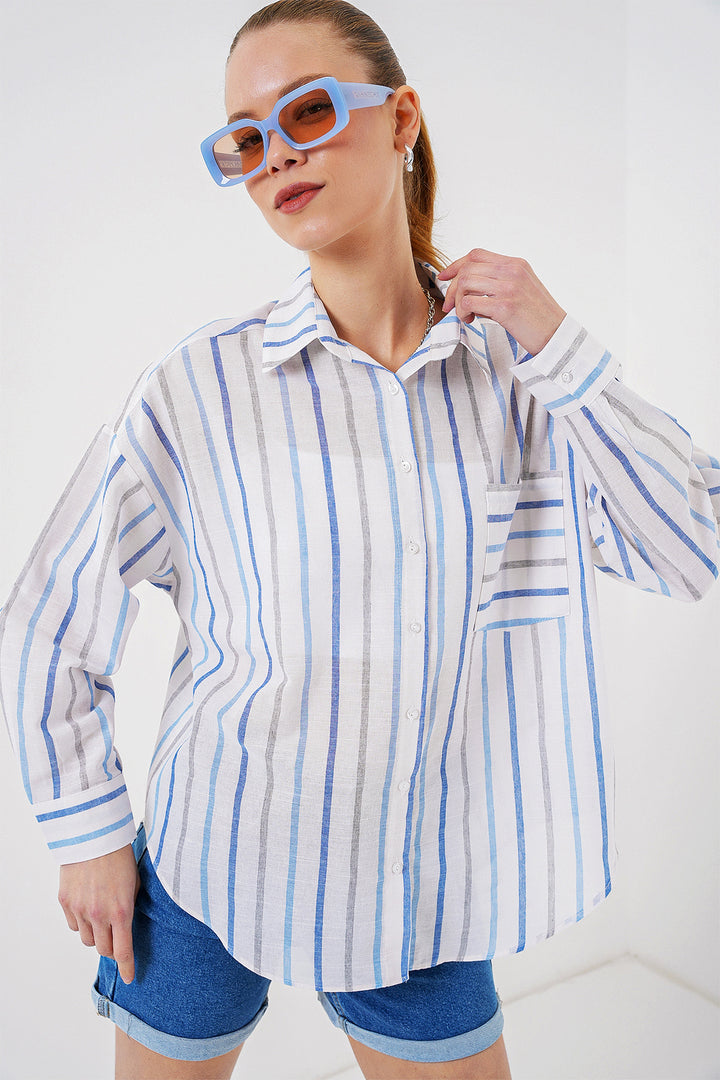 BGD Women Women's Striped Oversized Shirt 20278 - Blue - East Providence