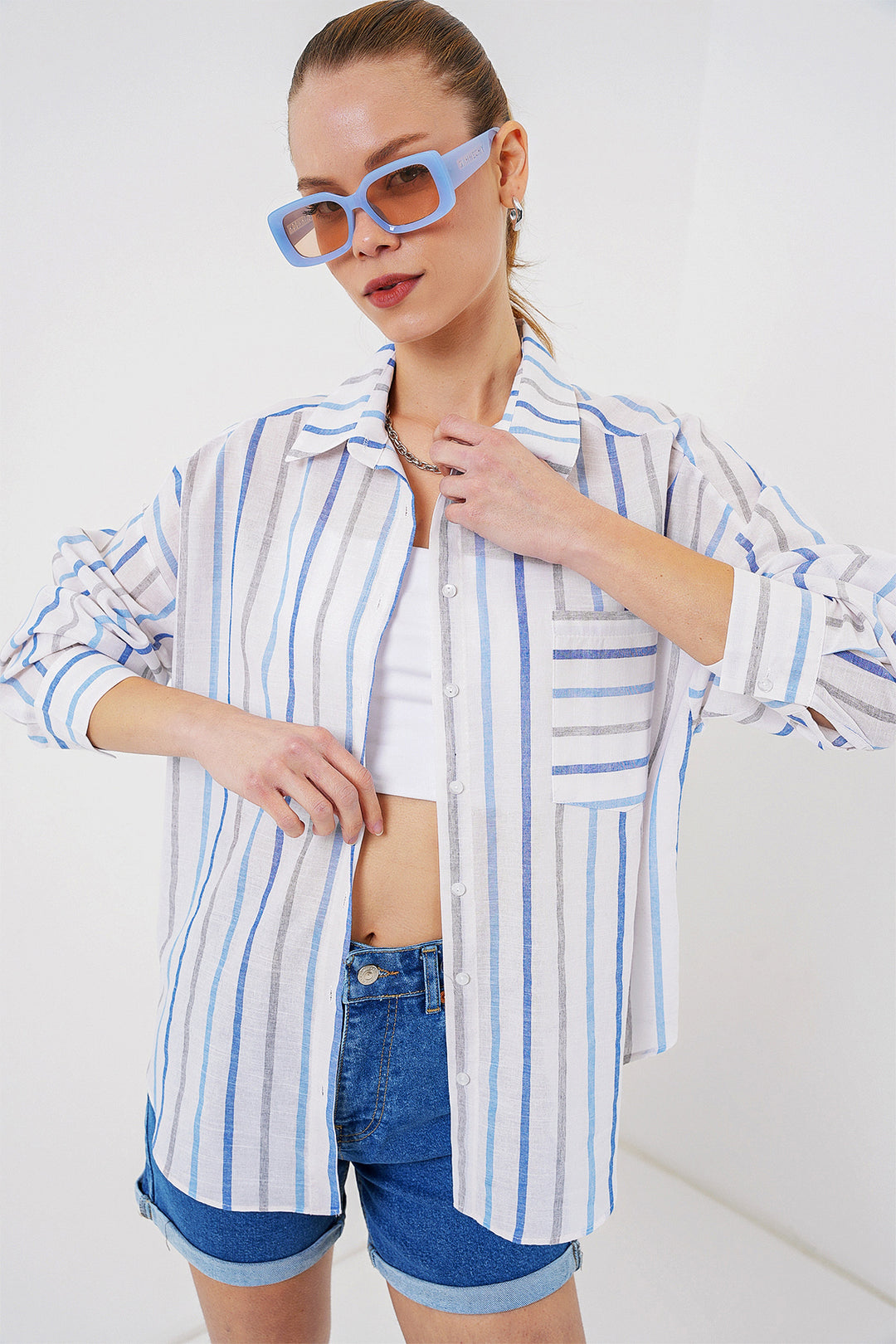 BGD Women Women's Striped Oversized Shirt 20278 - Blue - East Providence