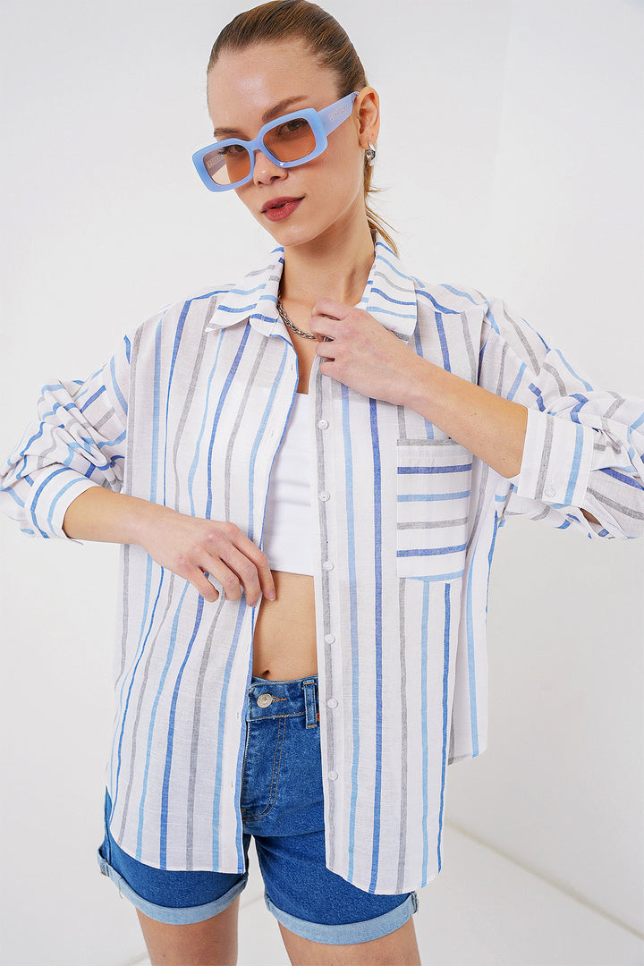 BGD Women Women's Striped Oversized Shirt 20278 - Blue - East Providence
