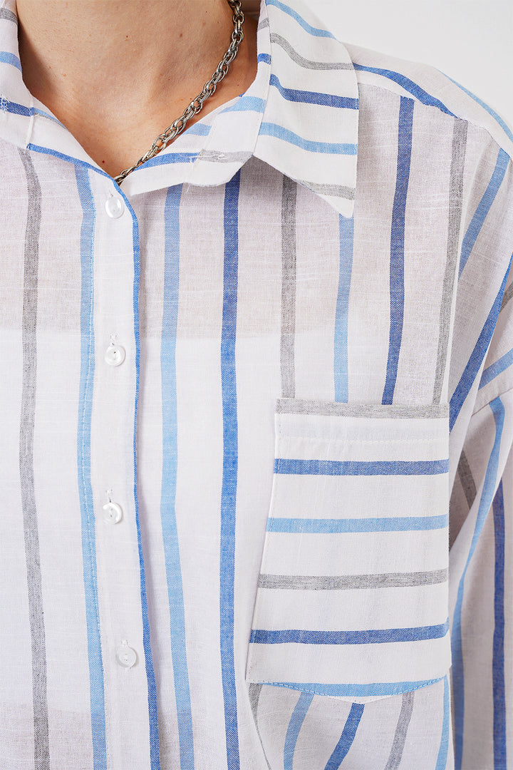 BGD Women Women's Striped Oversized Shirt 20278 - Blue - East Providence