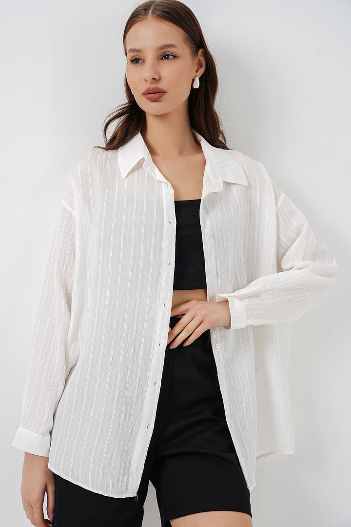 BGD Women Kadın Çizgili Oversize Gömlek 20293 - Beyaz - Heist-op-den-Berg