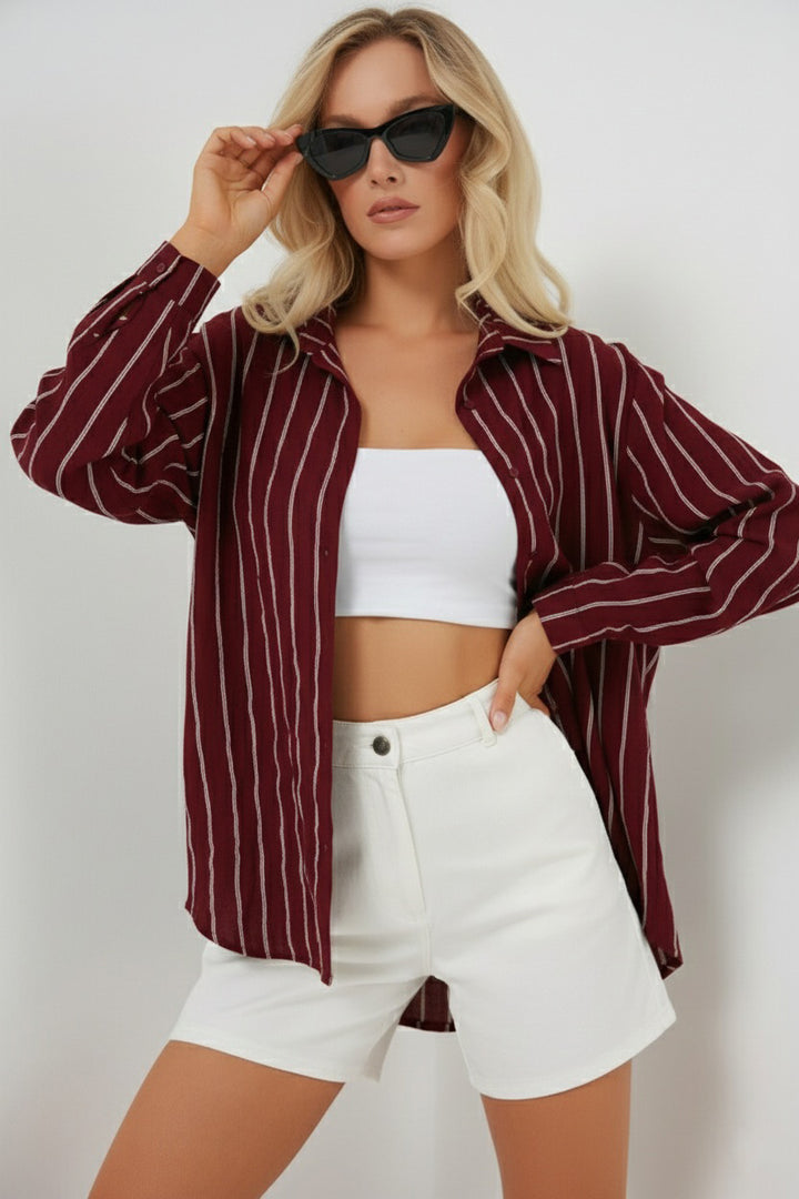 BGD Women Kadın Çizgili Oversize Gömlek 20293 - Bordo - Newark
