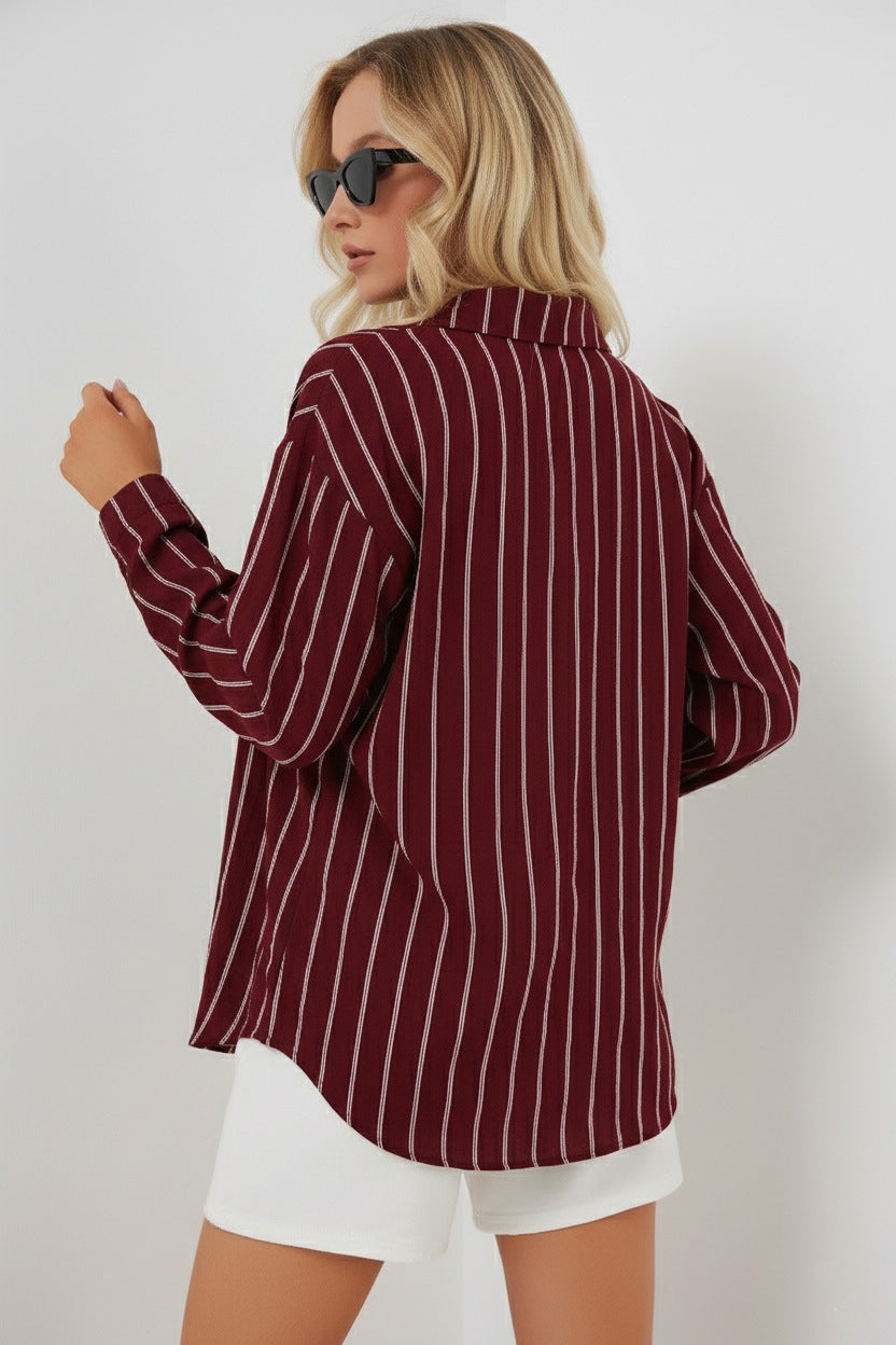 BGD Women Kadın Çizgili Oversize Gömlek 20293 - Bordo - Newark