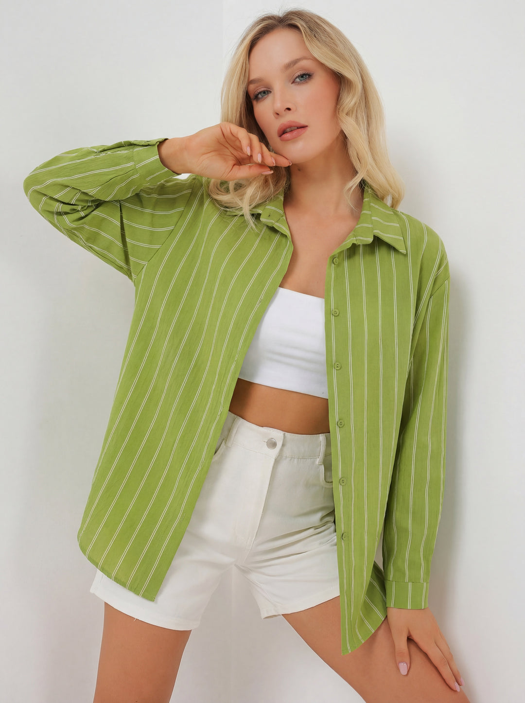 BGD Women Kadın Çizgili Oversize Gömlek 20293 - E.Yeşil - Saint Albans