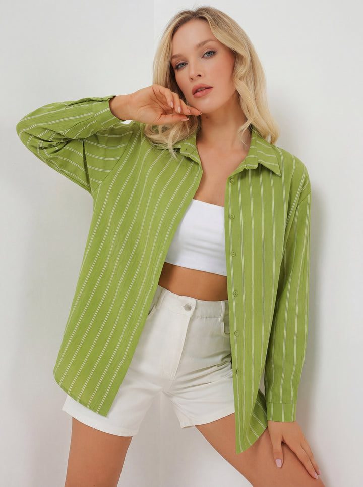 BGD Women Kadın Çizgili Oversize Gömlek 20293 - E.Yeşil - Saint Albans