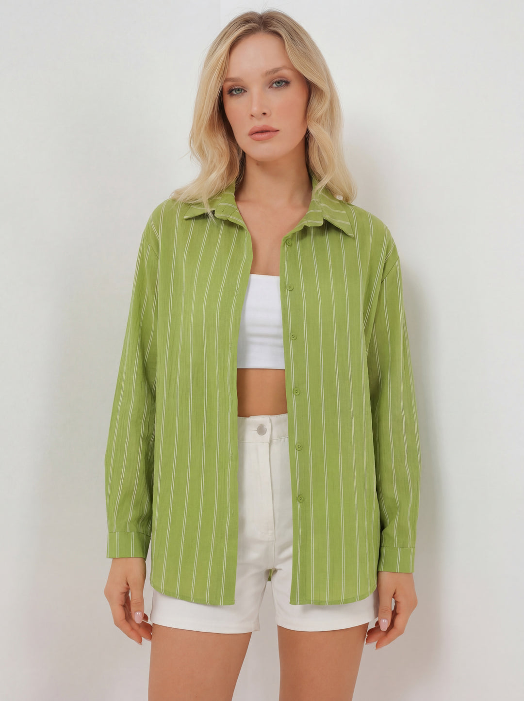 BGD Women Kadın Çizgili Oversize Gömlek 20293 - E.Yeşil - Saint Albans
