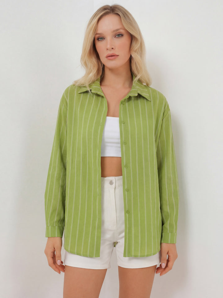 BGD Women Kadın Çizgili Oversize Gömlek 20293 - E.Yeşil - Saint Albans