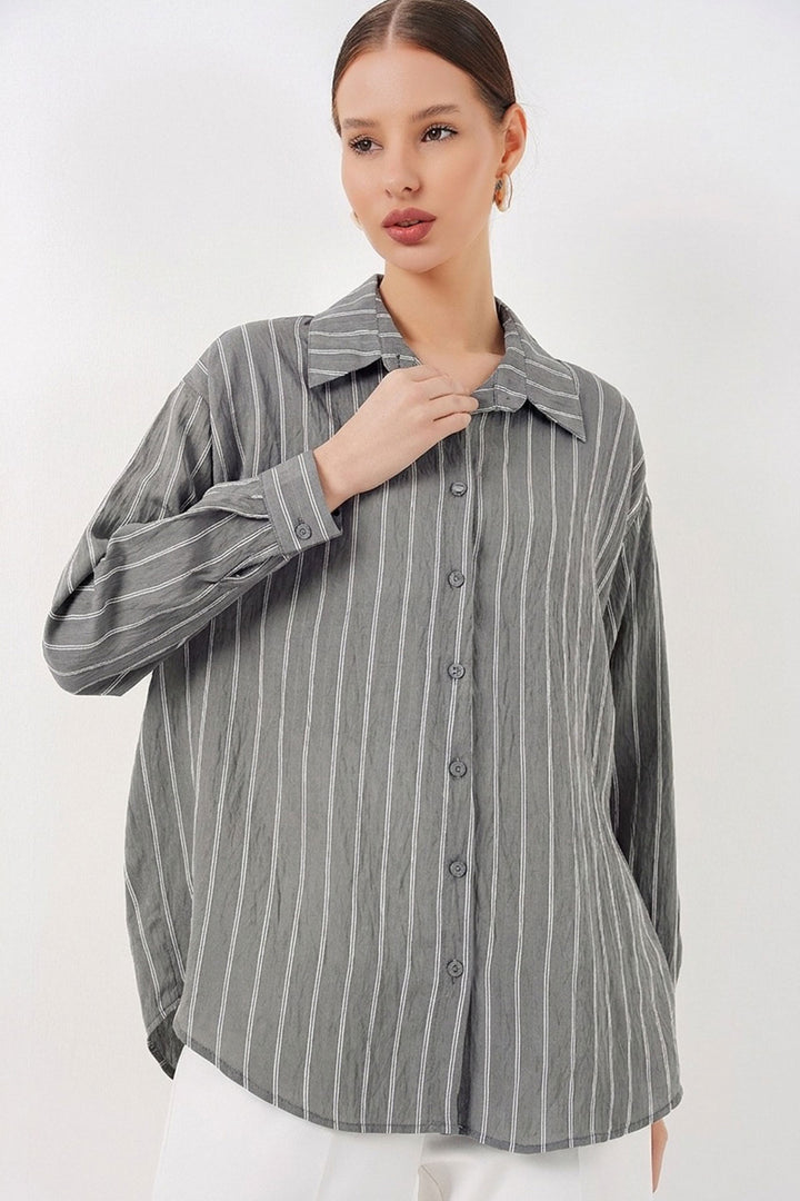 BGD Women Kadın Çizgili Oversize Gömlek 20293 - Gri - Villingen-Schwenningen