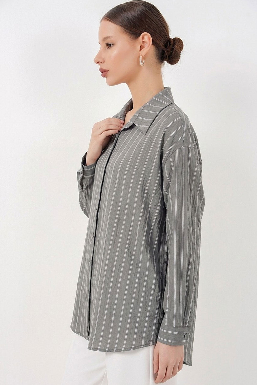 BGD Women Kadın Çizgili Oversize Gömlek 20293 - Gri - Villingen-Schwenningen
