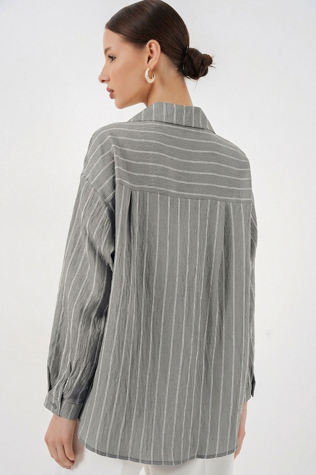 BGD Women Kadın Çizgili Oversize Gömlek 20293 - Gri - Villingen-Schwenningen