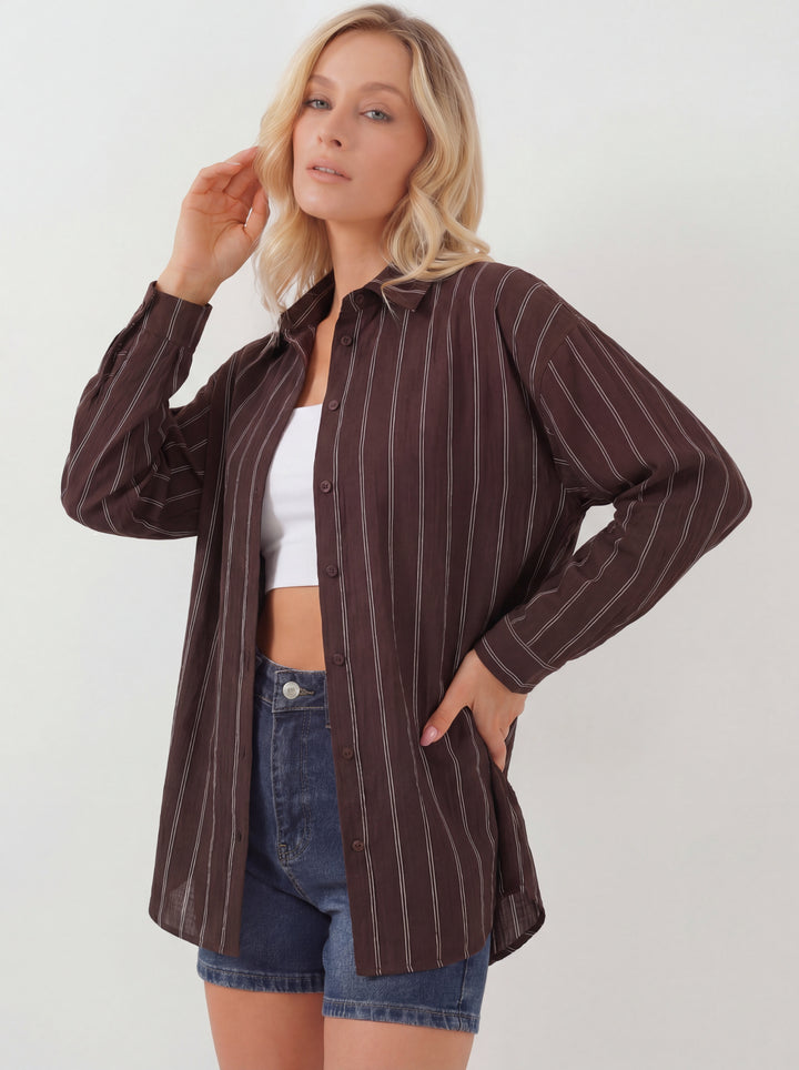 BGD Women Kadın Çizgili Oversize Gömlek 20293 - Kahverengi - Meridian