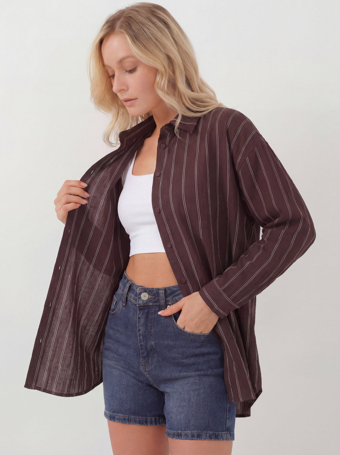BGD Women Kadın Çizgili Oversize Gömlek 20293 - Kahverengi - Meridian