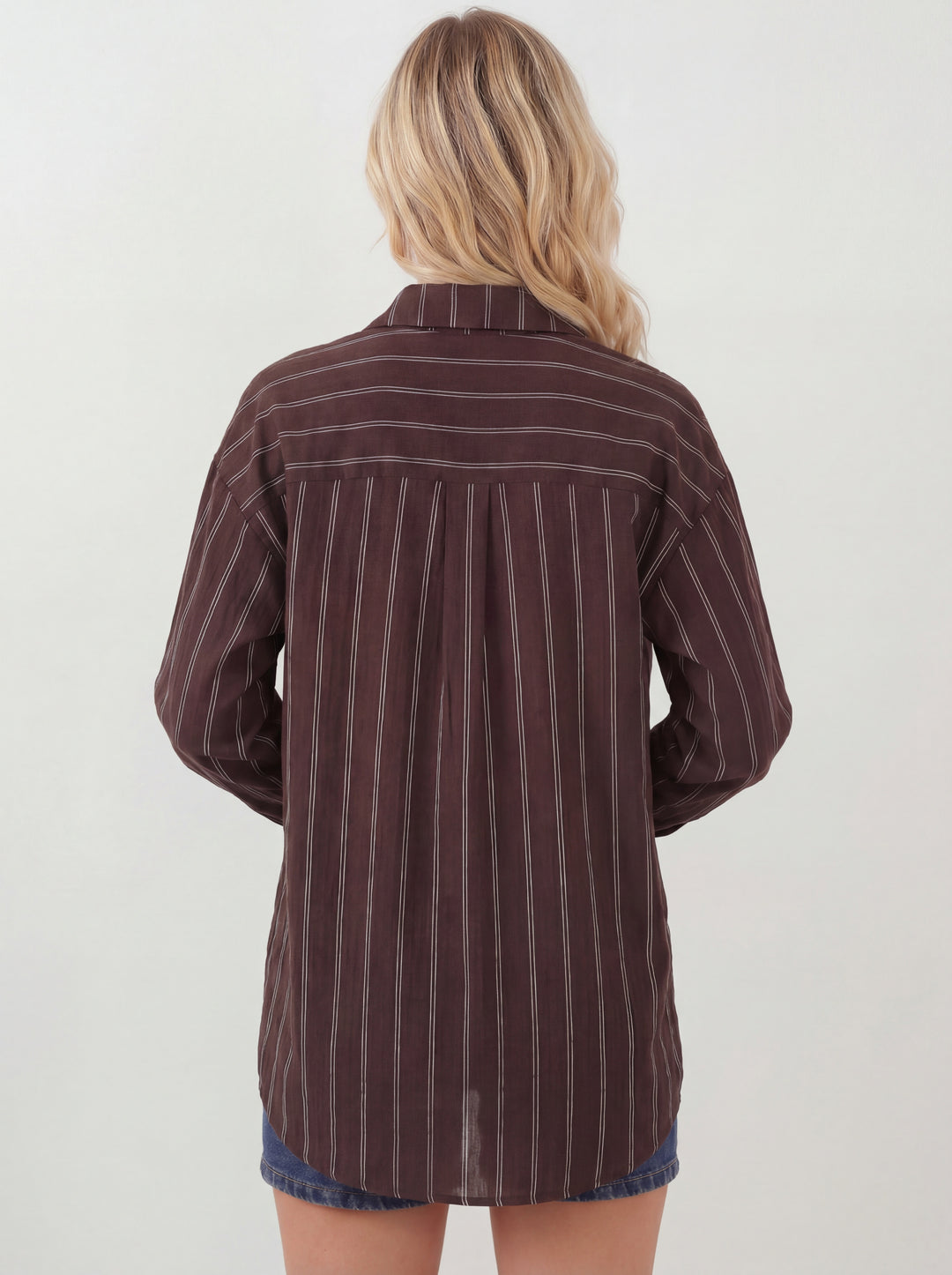 BGD Women Kadın Çizgili Oversize Gömlek 20293 - Kahverengi - Meridian