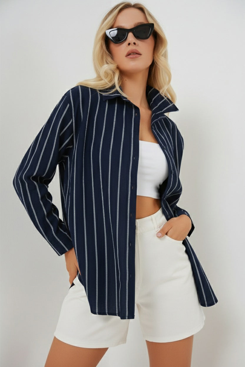BGD Women Kadın Çizgili Oversize Gömlek 20293 - Lacivert - Welland