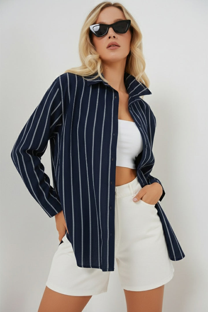 BGD Women Kadın Çizgili Oversize Gömlek 20293 - Lacivert - Welland