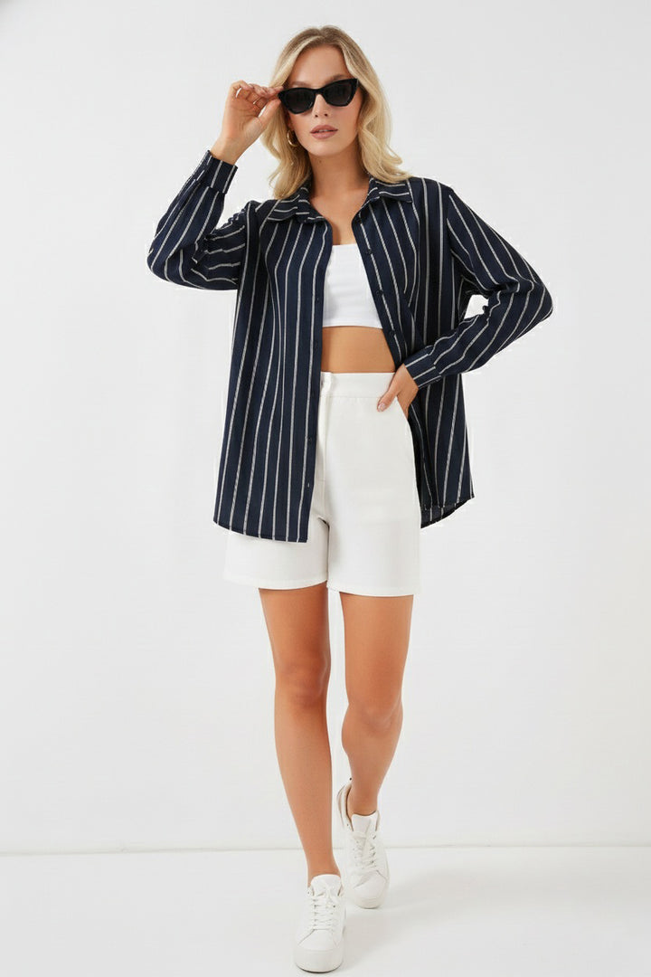 BGD Women Kadın Çizgili Oversize Gömlek 20293 - Lacivert - Welland