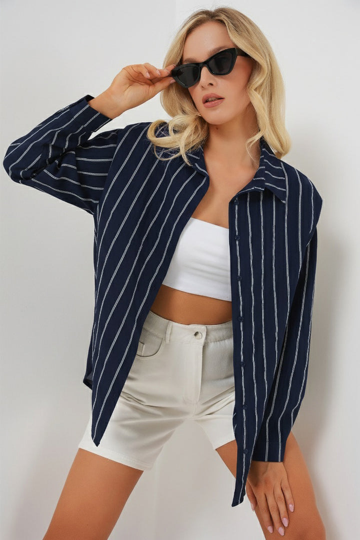 BGD Women Kadın Çizgili Oversize Gömlek 20293 - Lacivert - Welland