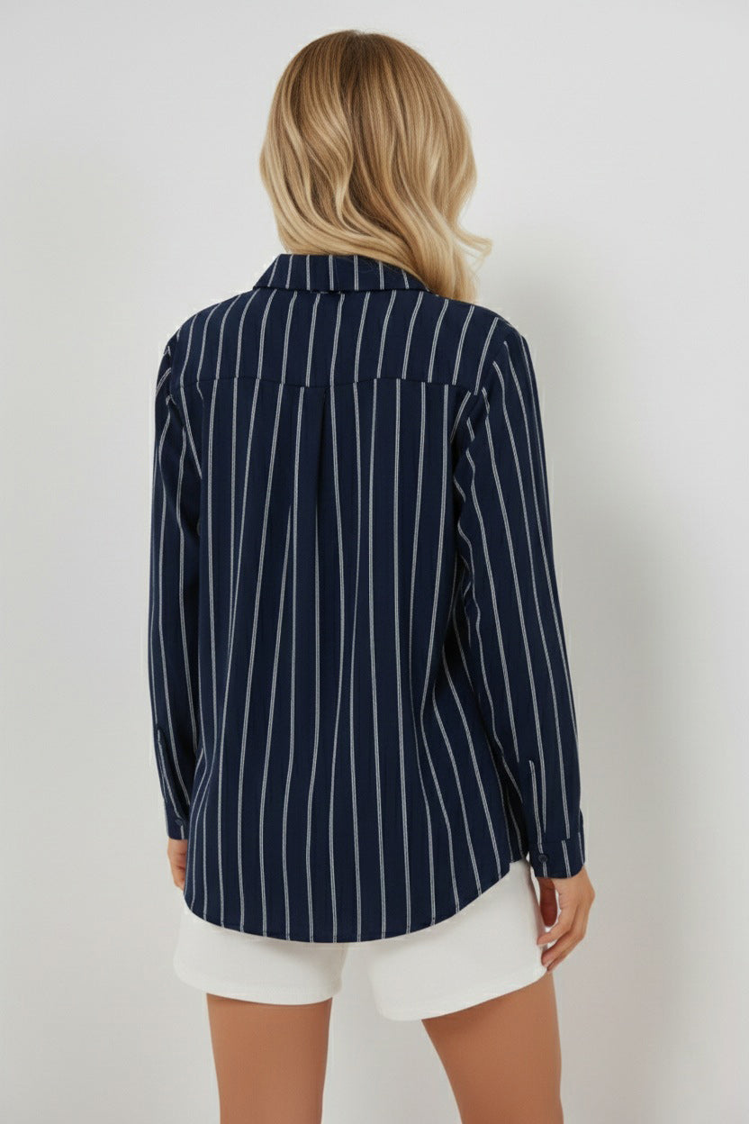 BGD Women Kadın Çizgili Oversize Gömlek 20293 - Lacivert - Welland