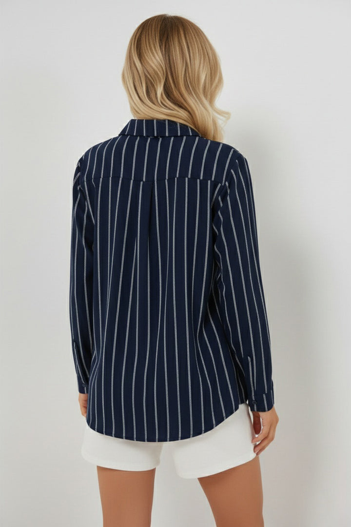 BGD Women Kadın Çizgili Oversize Gömlek 20293 - Lacivert - Welland