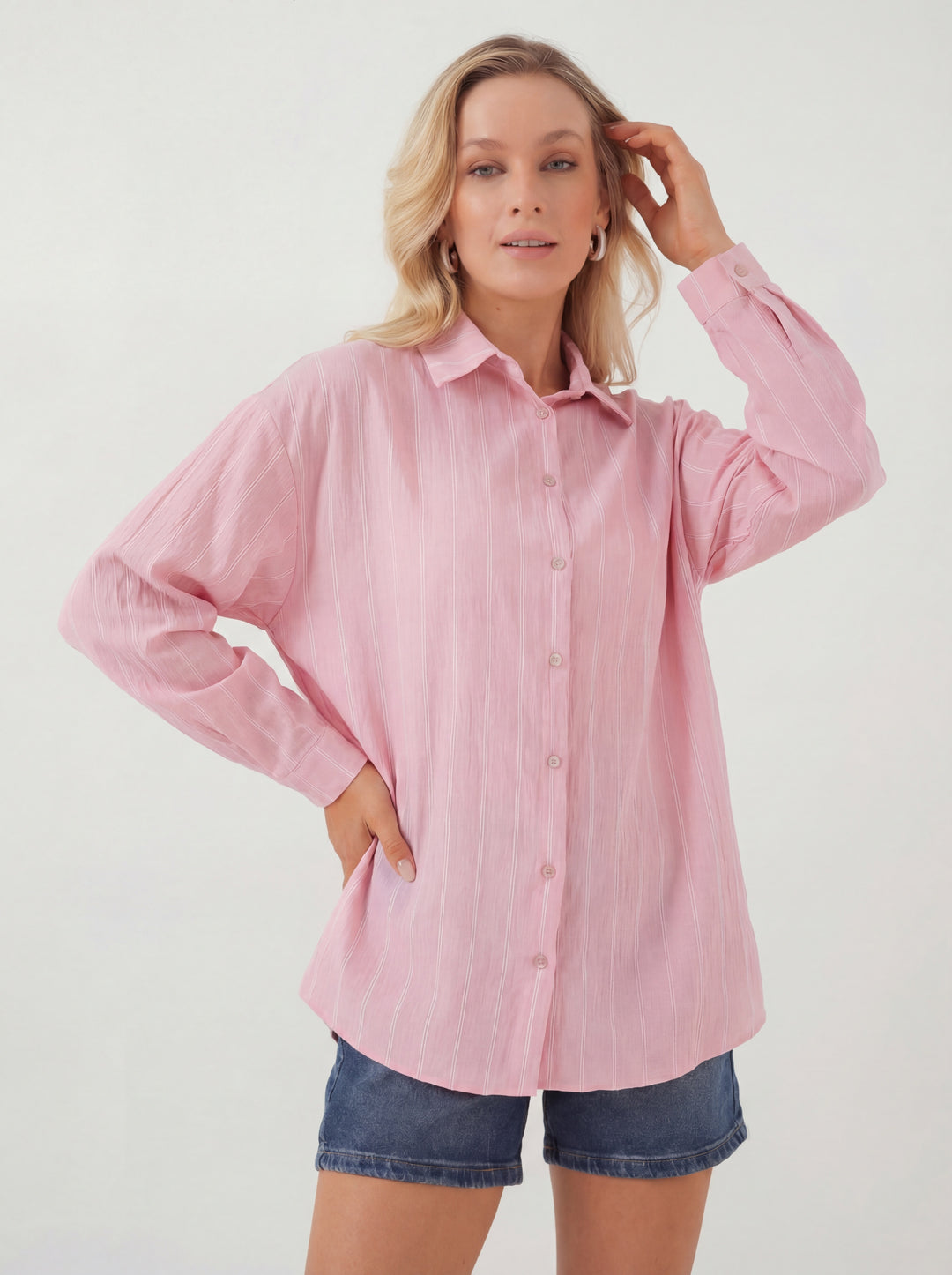 BGD Women Kadın Çizgili Oversize Gömlek 20293 - Pembe - Sammamish