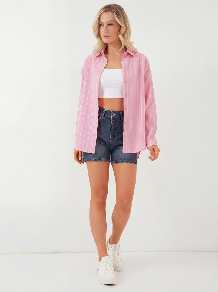 BGD Women Kadın Çizgili Oversize Gömlek 20293 - Pembe - Sammamish