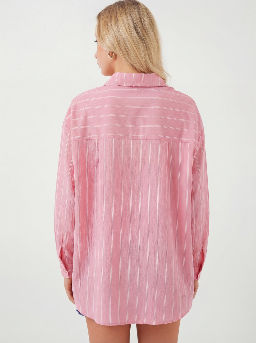 BGD Women Kadın Çizgili Oversize Gömlek 20293 - Pembe - Sammamish
